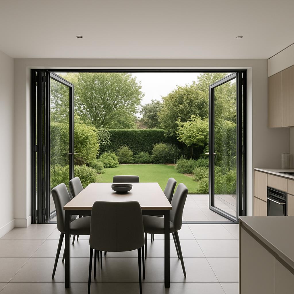 An open-plan kitchen and dining room with a backyard view and large sliding doors.